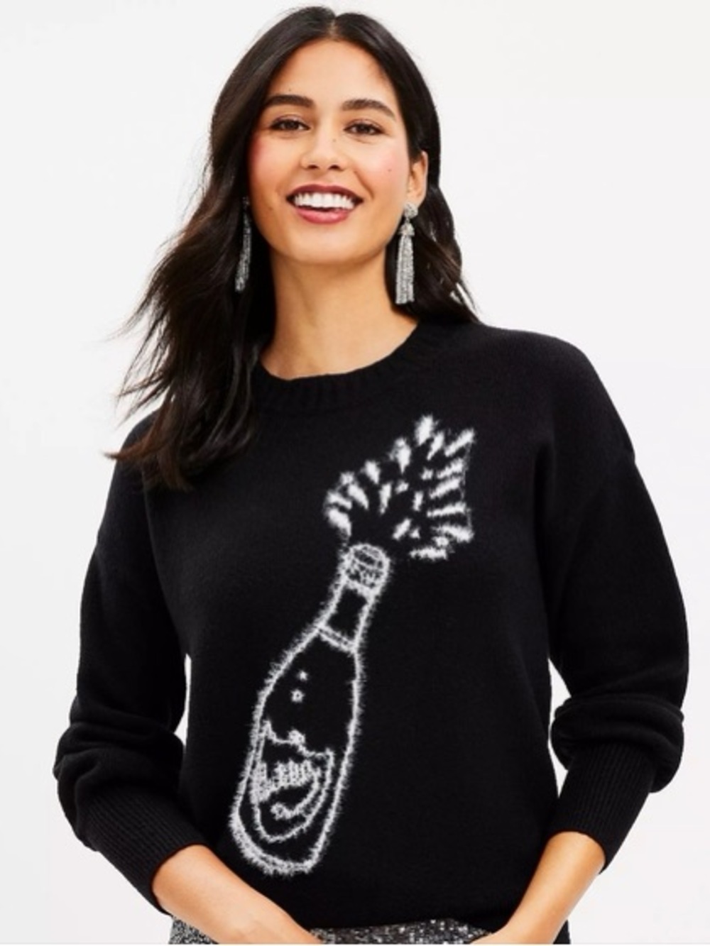 EUC Loft Black Champagne Fuzzy Crewneck Sweater Size Small